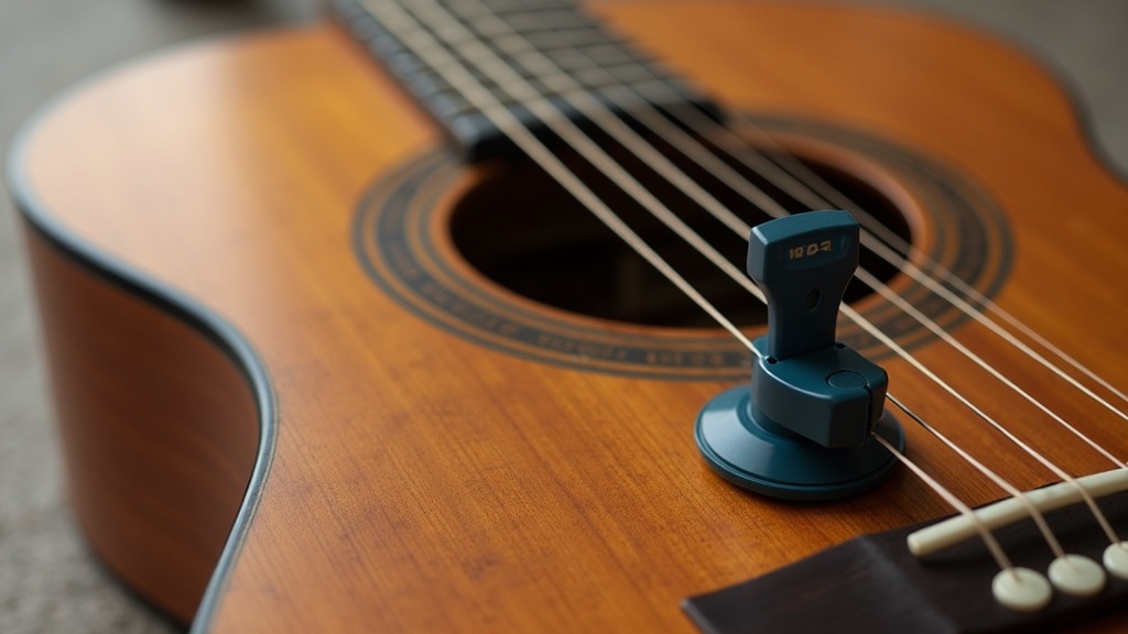 A close-up photo of a beginner acoustic guitar, strings, and a tuner on a wooden background