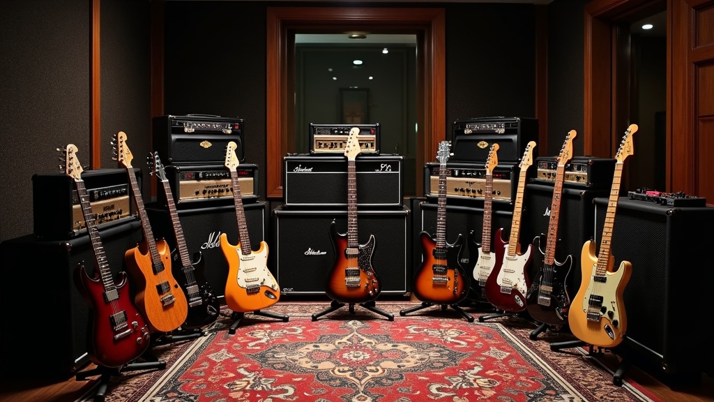 Modern rock n roll music equipment, featuring electric and bass guitars, effects pedals, and amplifiers in a rehearsal studio